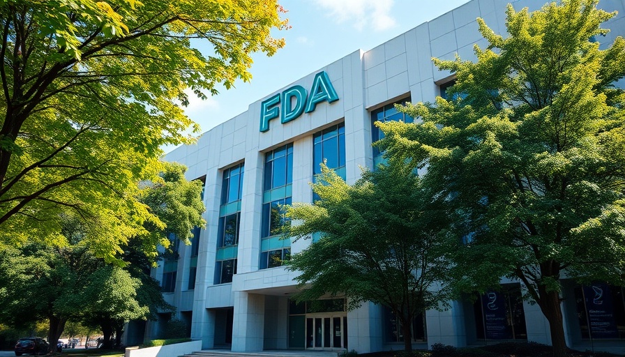 FDA building exterior showcasing agency logos amid trees.