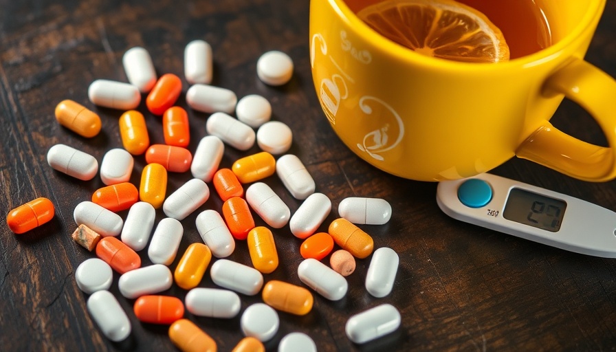 Best cold medicines displayed with tea and thermometer on table.