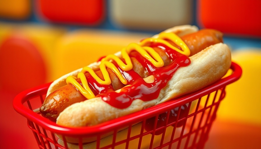 Hot dog with mustard and ketchup, foods to avoid for aging, colorful background.