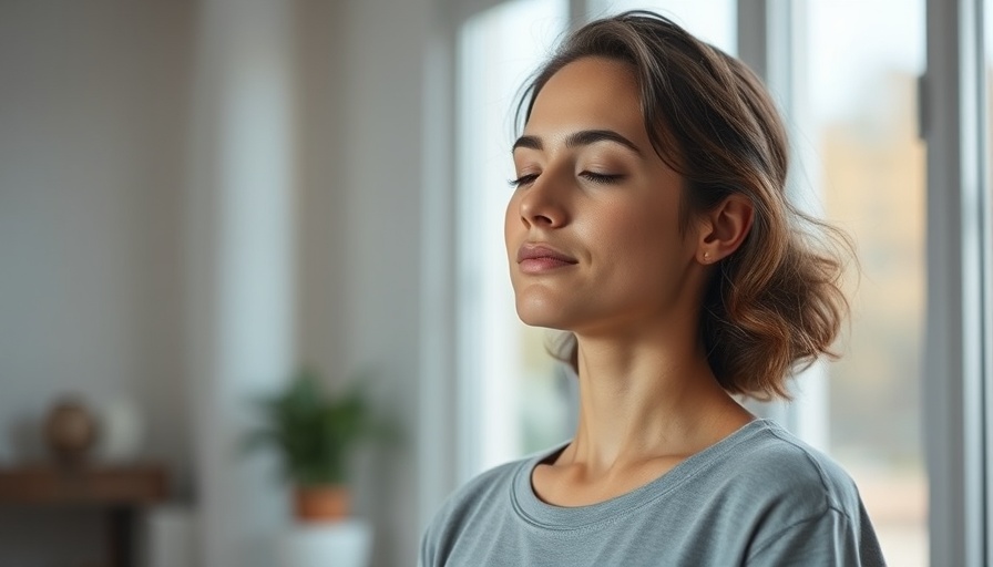 Woman practicing breathing exercises in a bright room for Alzheimer's early detection.