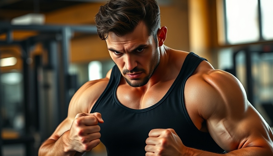 Muscular man working out, expressing determination in gym.