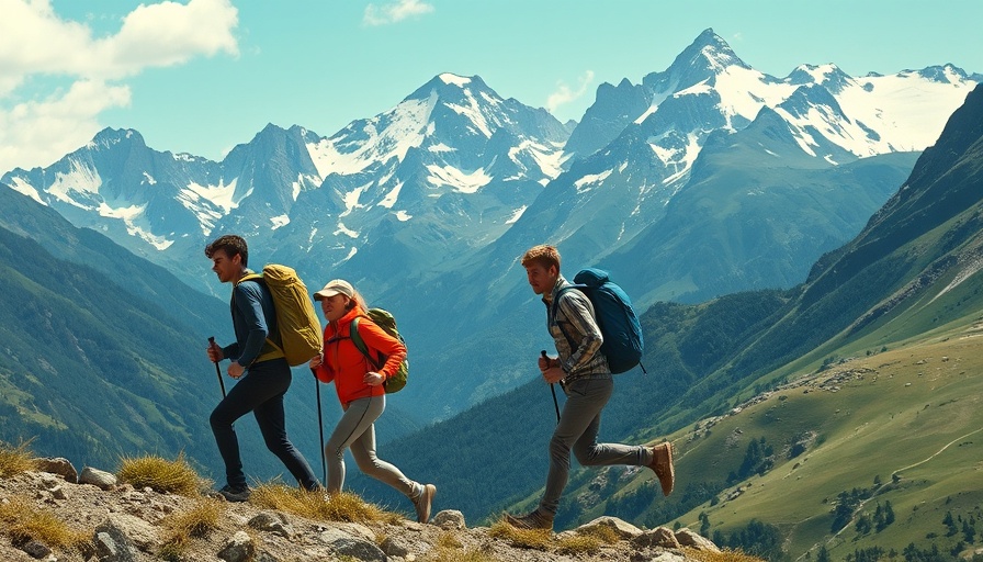 Hikers on a functional fitness workout hiking trail in mountainous terrain.