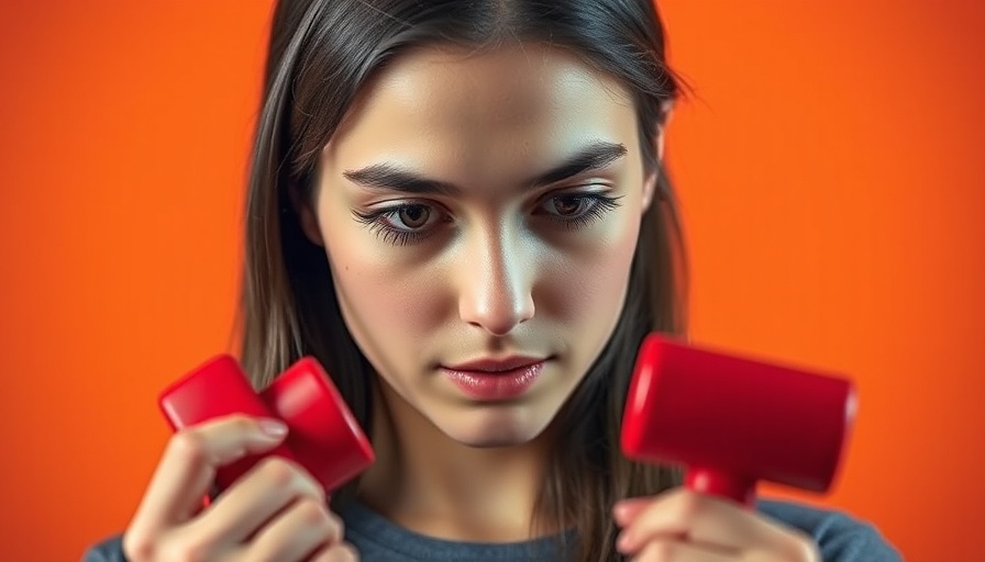 Young woman examining dumbbell against an orange background, Best Finger Exercisers for Rehabilitation
