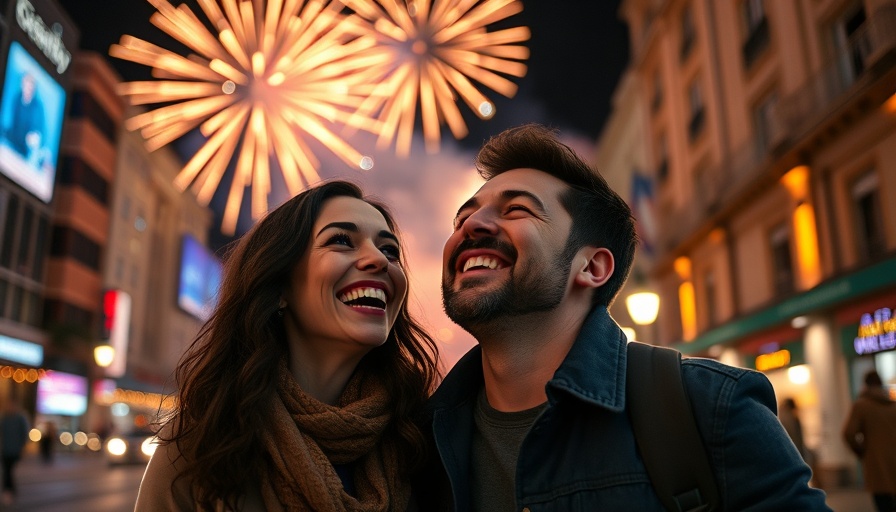 Joyful couple with fireworks in city at night, vibrant and cheerful.