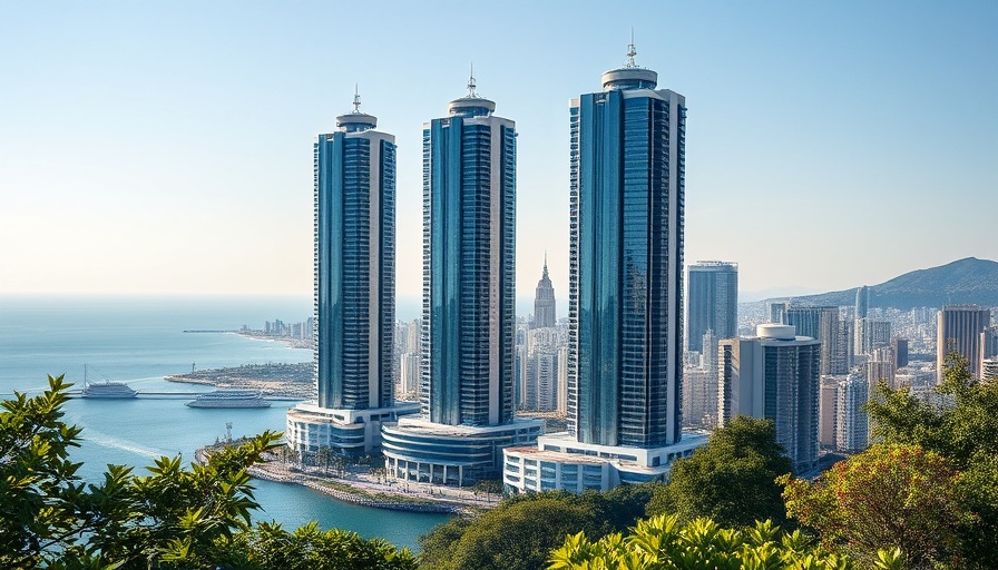 Modern skyscrapers in a coastal city with blue skies.