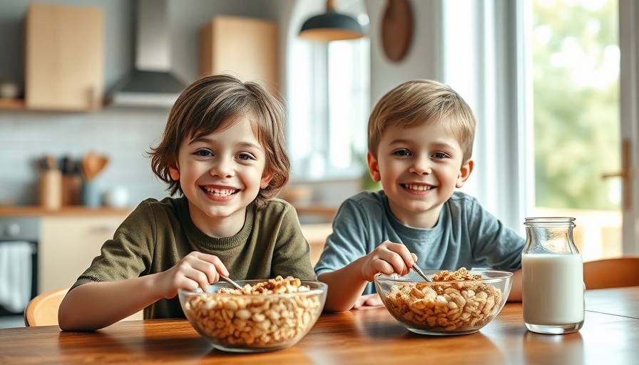 Kids eating healthy breakfast alternatives, cereal and milk.