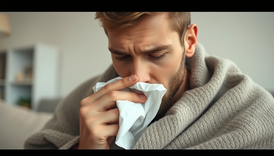 Man sneezing with tissue in living room, photorealistic detail.