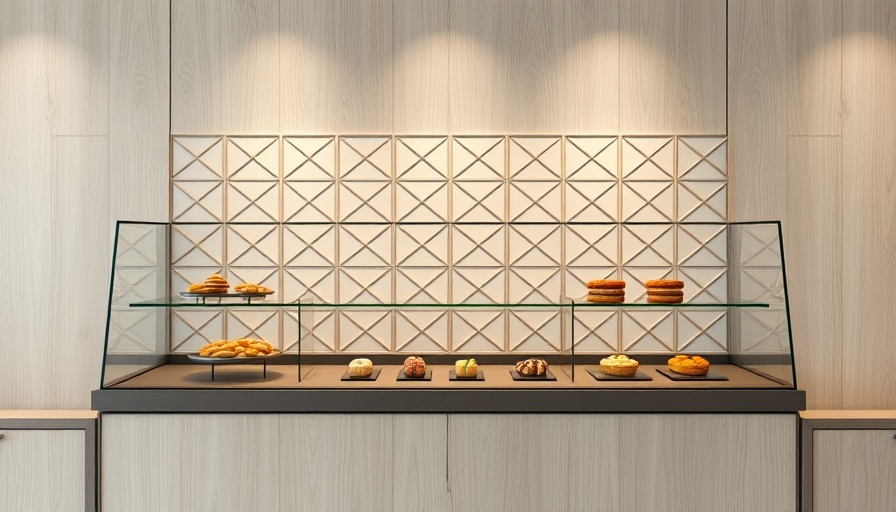 Display case with geometric pattern holds pastries, modern art design.