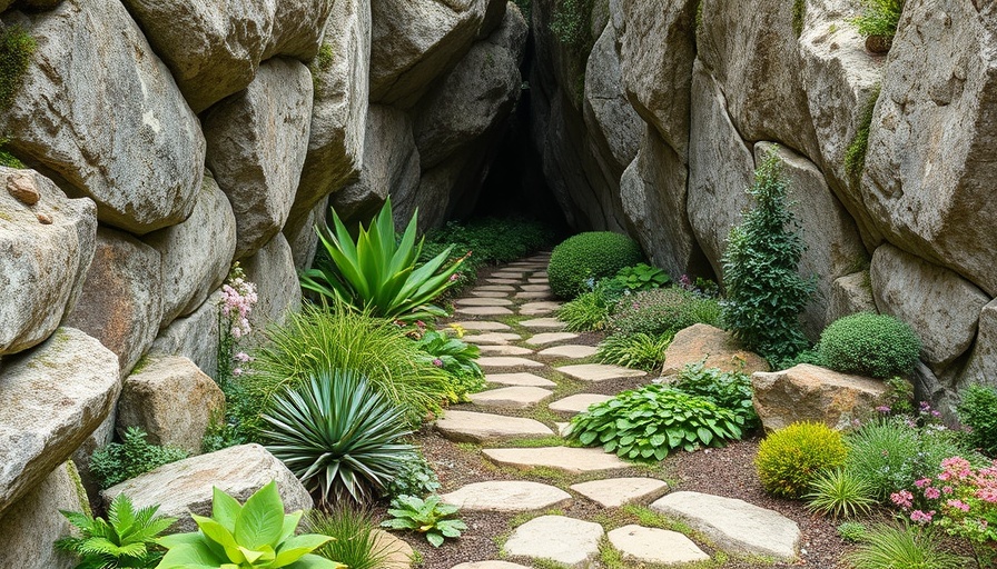 Rocky crevice garden with colorful flowers and stone slabs.