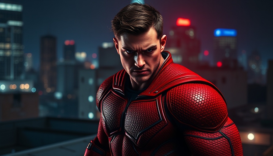 Daredevil: Born Again superhero on a city rooftop at night.