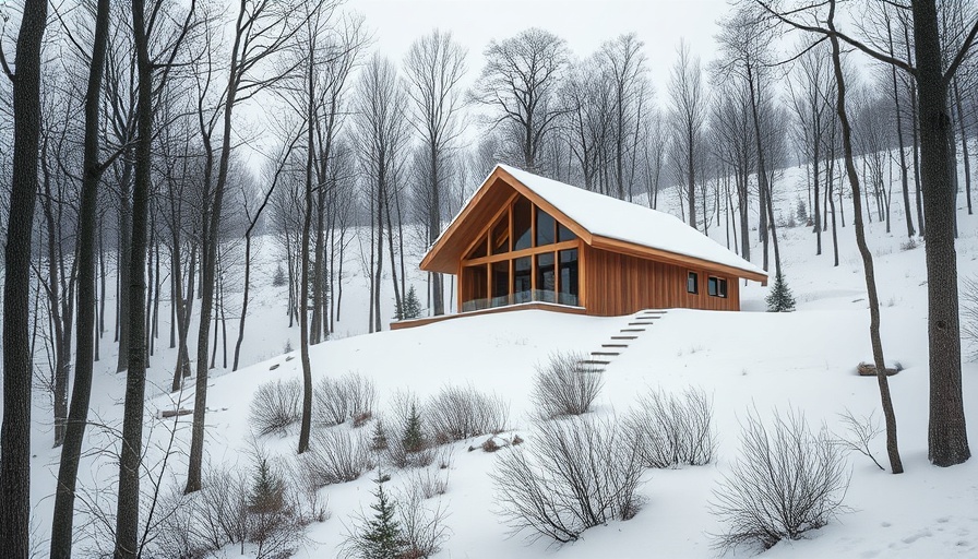 Quebec forest house design in snowy forest setting.