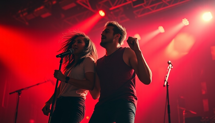Run the Jewels performing live with vibrant red lighting.