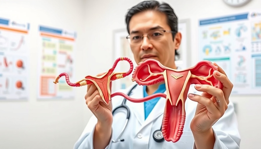 Doctor holding gynecological model in white clinic, bright setting.