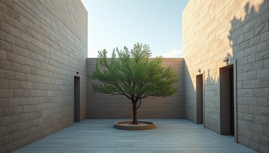 Rammed earth guesthouse design with a serene stone-walled courtyard.