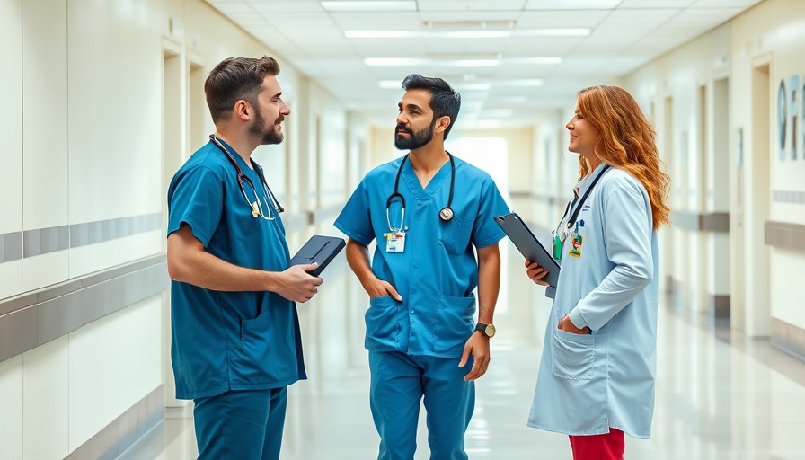 Healthcare professionals in hospital corridor discussing work.