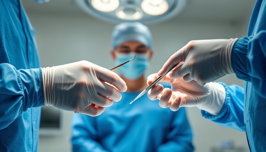 Surgeons' hands exchanging tools during parasitic twin surgery.