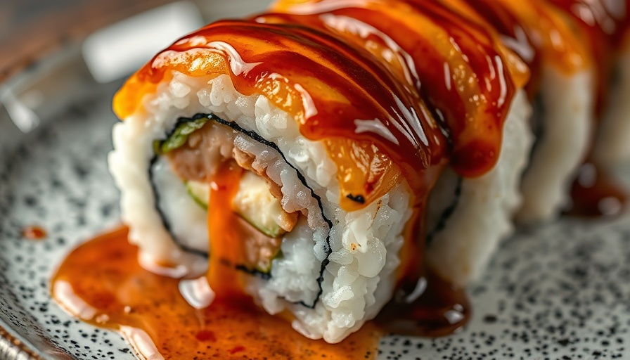 Sushi roll being torched with sauce melting, Sushi in Ukraine preparation.