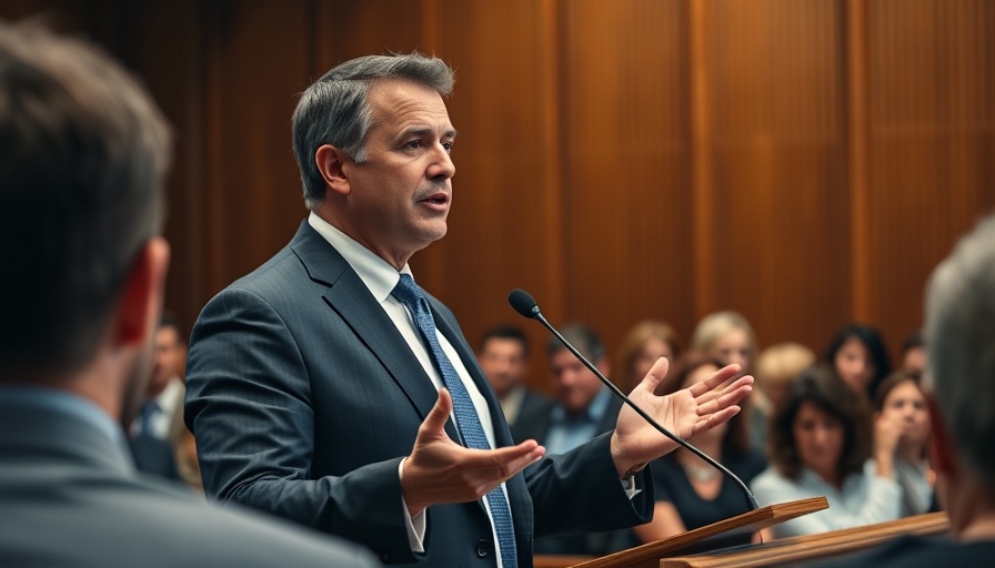 Professional speaker addressing a courtroom audience confidently.