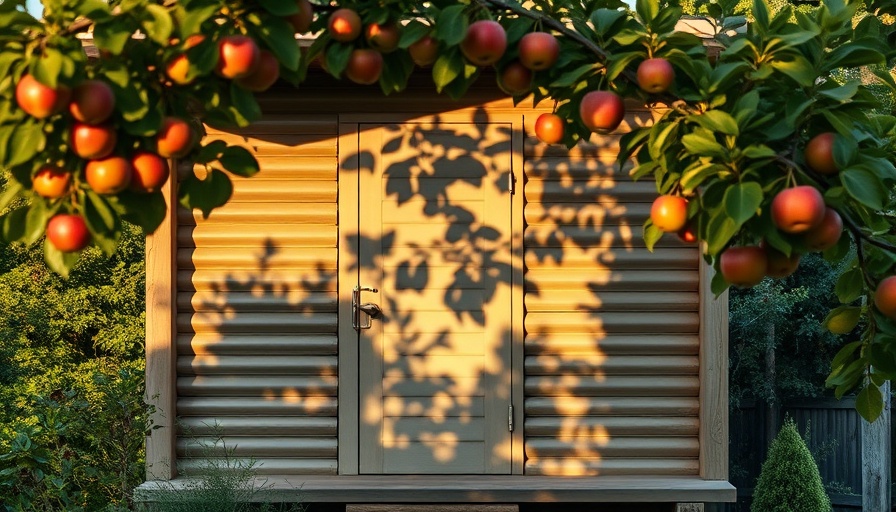 Upcycled sauna design with corrugated wall and apple tree.