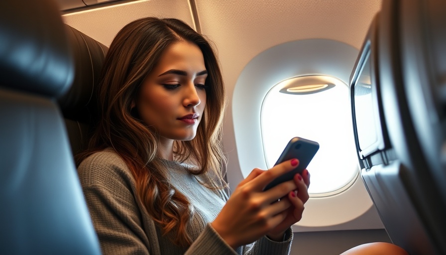 Young woman on flight using smartphone, potential health concern.