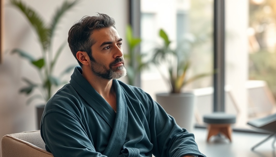 Man in robe looking thoughtful in a modern setting.