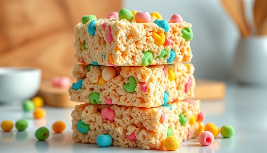 Vibrant Lucky Charms Rice Krispie treats on a plate in bright kitchen.