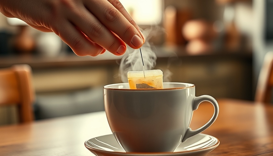 Steaming teabag dipping in cup of tea, cozy kitchen scene.