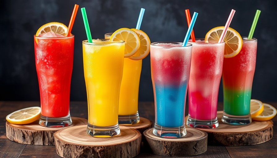 Colorful slushies, Risks of Slushies for Kids Under 8, on wooden slabs.