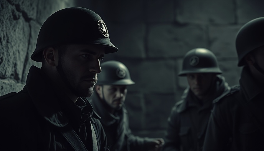 Ukrainian soldiers preparing for battle in a dimly lit room.