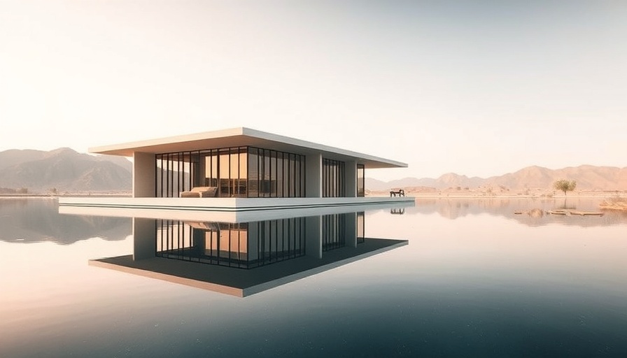Minimalist architectural design reflecting in water at Desert X 2025.
