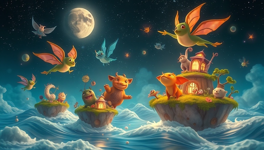 Whimsical creatures on floating islands in a surreal night sky for Mexican art projects.
