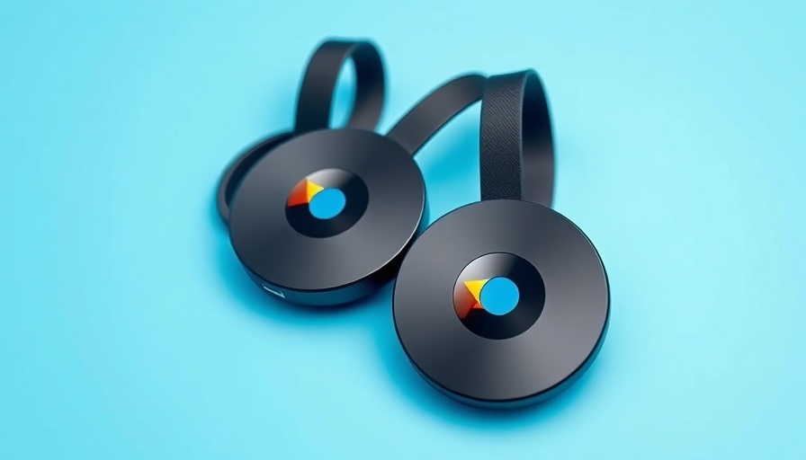 Colorful Chromecast devices arranged on a blue background.