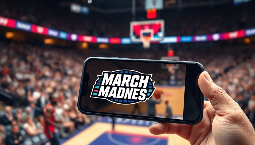 March Madness restaurant promotions highlighted by a lively basketball game scene on a phone.