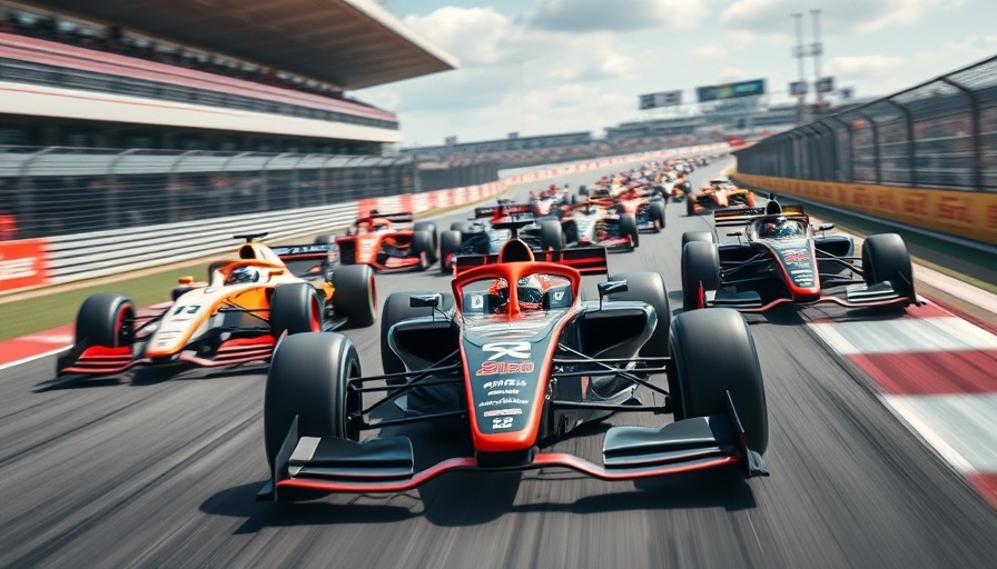 High-speed Formula One race cars on track, vibrant motion blur.