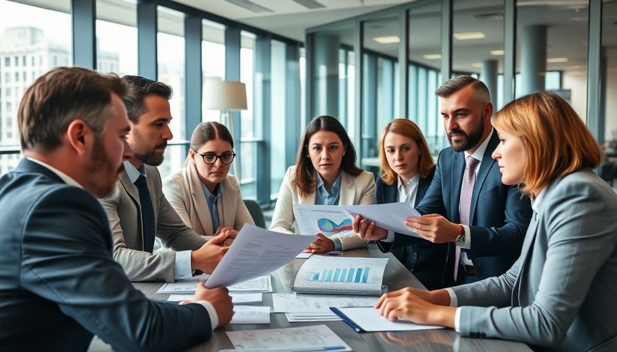 Professionals discuss impact of tariffs on franchisees in modern office.