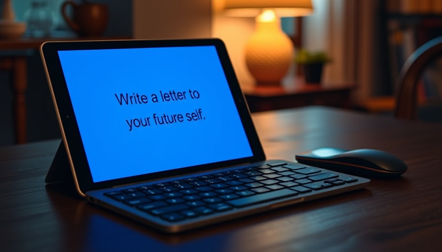 Tablet with 'letters to future self' interface on wooden desk