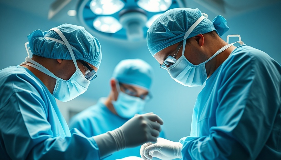 Surgeons in operating room performing surgery under bright lights.
