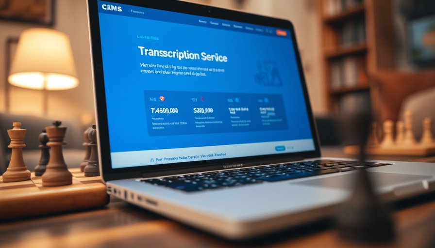 Laptop displaying Free Transcription Service webpage in a cozy setting.