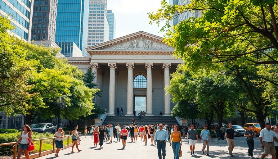 Rebirth of classical architecture in a vibrant urban park with skyscrapers.