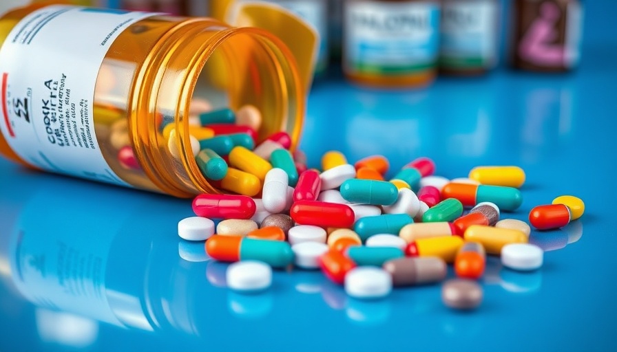 Various pills from a prescription bottle on a blue surface, reflecting medication management.