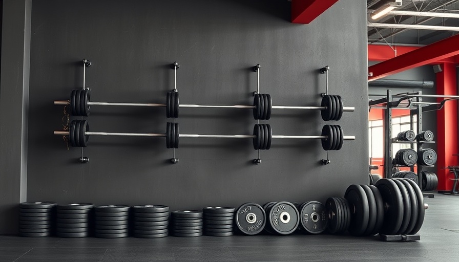 Barbells and weights on wall and floor in gym, organized setup