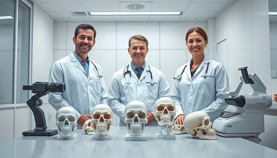 Researchers in lab with skull mapping models for neurosurgery.