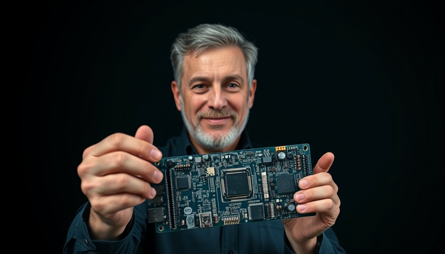 Confident man holding a circuit board, presenting with enthusiasm.