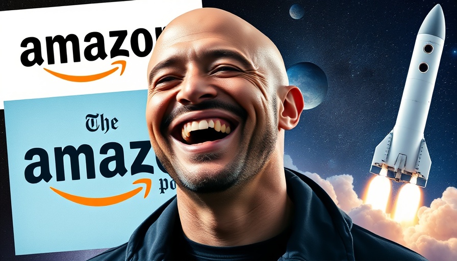 Futuristic collage with Amazon and Washington Post logos, bald man smiling.