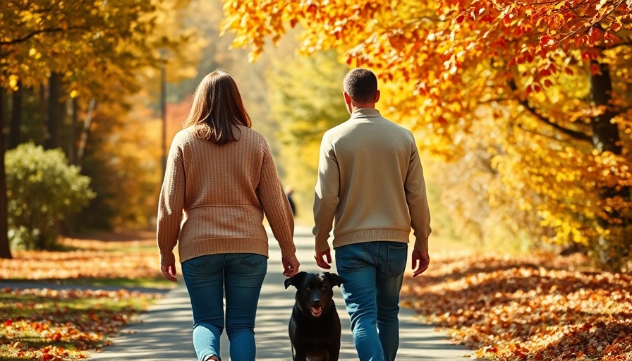 Family walking dog casually during autumn, highlighting connection.