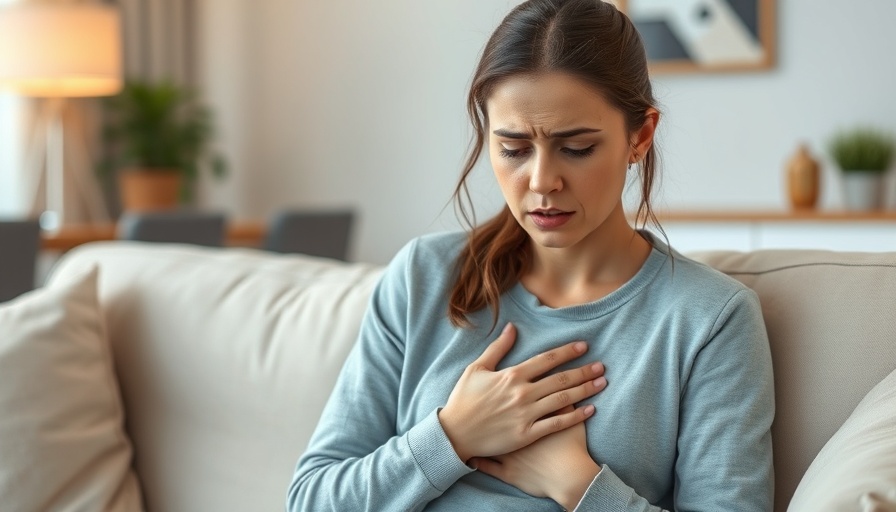 Concerned woman clutching chest, early heart attack signs indication.