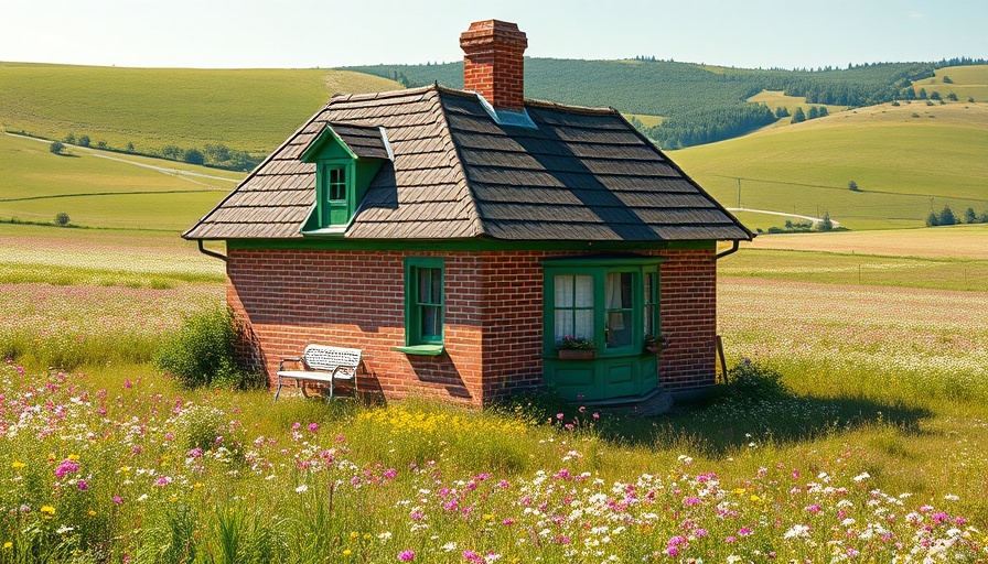 Cozy brick house with green trim in student accommodations design, scenic meadow.