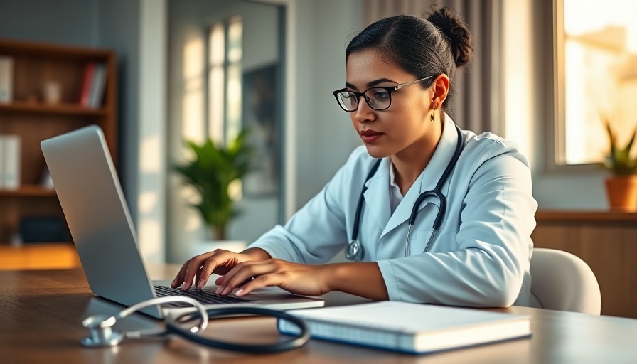 Medical professional working on laptop to achieve 0% overhead in practice.