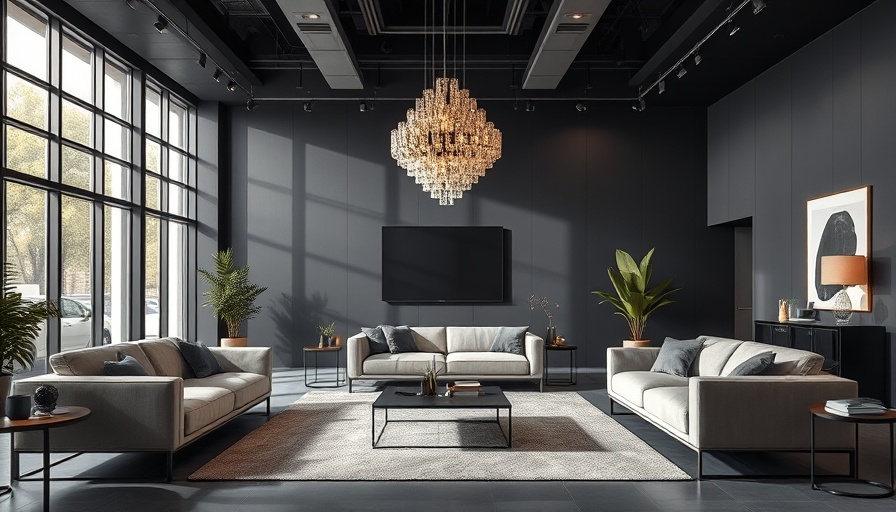 Astraeus Clarke showroom New York design with sleek sofas and chandelier.
