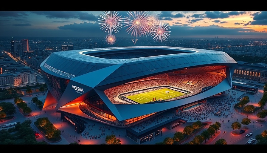 Futuristic Cleveland Browns stadium proposal at sunset with fireworks.